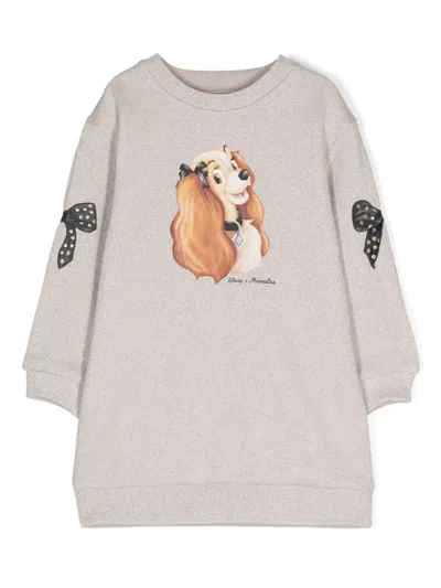 Monnalisa Kids' X Disney Graphic-print Lurex Dress In Neutrals