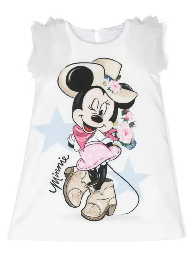 Monnalisa Kids' X Disney Minnie Mouse-print Dress In White + Rosa Fairytale