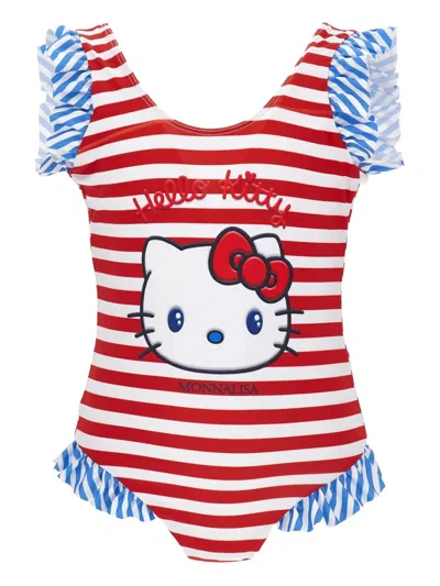 Monnalisa Kids' X Sanrio Hello Kitty Striped Ruffled Swimsuit In Red