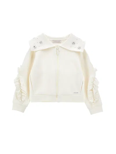 Monnalisa Kids'   Zip-up Sweatshirt With Crystals And Ruffles In Cream
