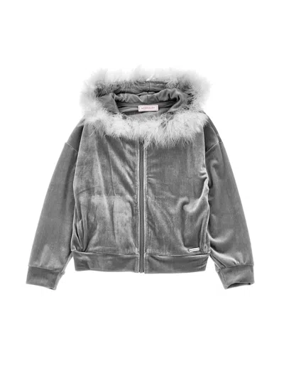 Monnalisa Kids'   Zip-up Sweatshirt With Feathers In Medium Grey
