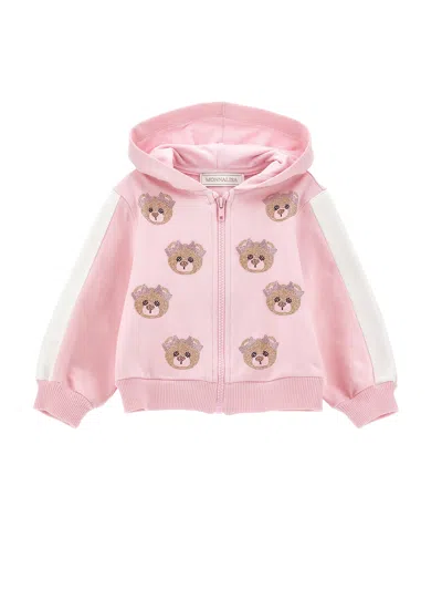 Monnalisa Zip-up Sweatshirt With Rhinestone Teddy Bears In Rosa Fairytale + Cream