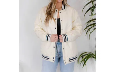 Mono B Letterman Jacket In White In Beige