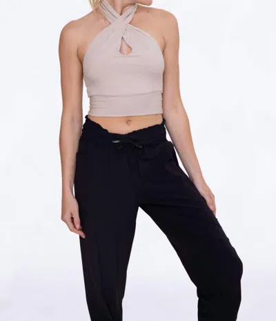 Mono B Micro Rib Keyhole Halter Top In Stone In Beige