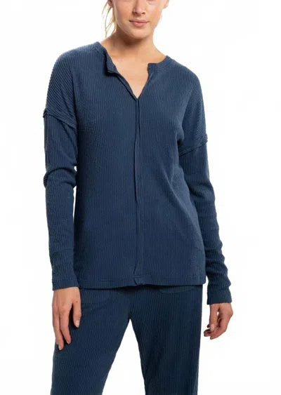 Mono B Ribbed Chill Lounge Pullover With Notched Neckline In Midnight Navy In Blue