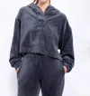 Mono B Velour Cropped Hoodie With Flare Pant Set In Grey Blue