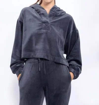 Mono B Velour Cropped Hoodie With Flare Pant Set In Grey Blue
