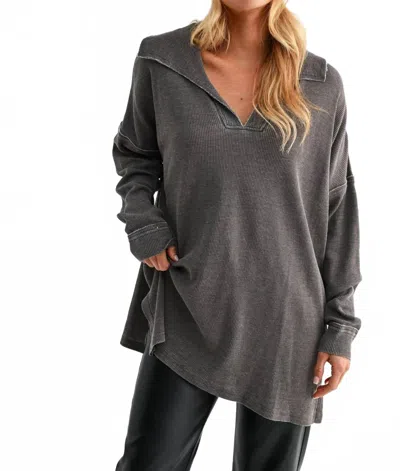 Mono B Waffle Knit Collared Long Sleeve Sweatshirt In Black In Gray