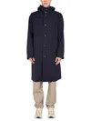Monobi Hooded Trench Coat With Tall Neck In Blue