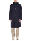 Monobi Hooded Trench Coat With Tall Neck In Blue