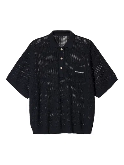 Monochrome Open-knit Polo Shirt In Black