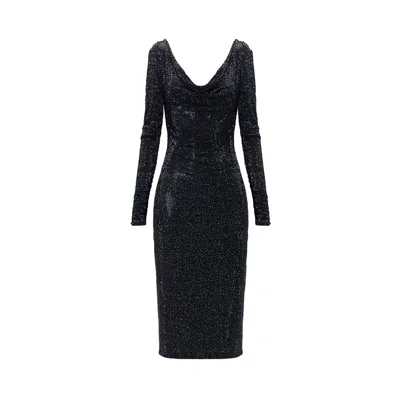 Monosuit Women's Black Long Sleeve Cowl Neck Backless Sequin Bodycon Evening Midi Dress Starry Glittering Sto