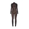 Monosuit Women's Black Premium Italian Textile Sheer Elegance Jumpsuit Floral Lace With Back Zipper Detail In Black
