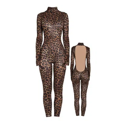 Monosuit Women's Brown Backless Long Sleeve Turtleneck Bodysuit Cosmic Chic Animal