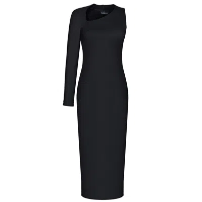 Monosuit Women's Black One Sleeve Asymmetric Neck Bodycon Evening Minimalist Midi Dress