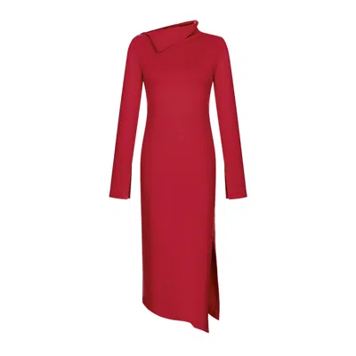 Monosuit Women's Red Long Sleeve High Neck Asymmetrical Shift Basic Midi Dress