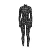 Monosuit Women's Noir Blossom Long Sleeve High Neck Full Bodysuit Total Black & White In Black