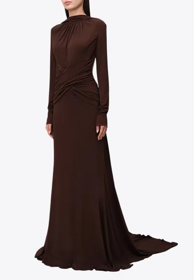 Monot Backless Draped Gown In Brown