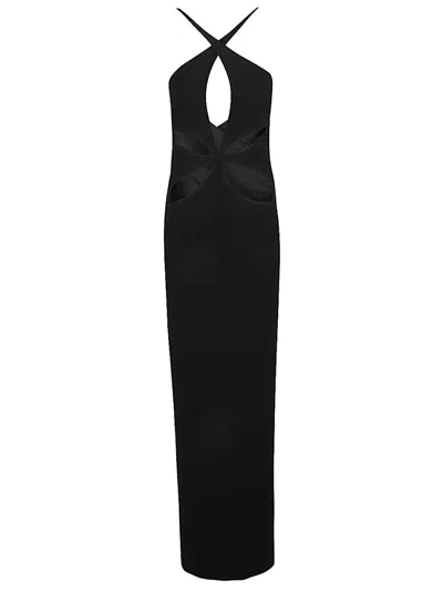 MONOT BLACK CUT-OUT DETAIL SILK CREPE LONG DRESS