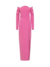 Monot Long Crepe Dress W/ Wavy Neckline In Fuchsia