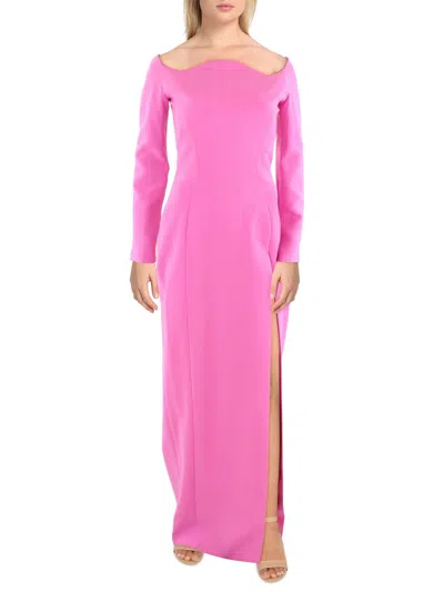 Monot Long Crepe Dress W/ Wavy Neckline In Pink