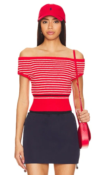 Monrow Boucle Knit Off Shoulder Top In Red & Cream