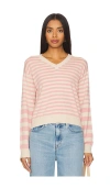 Monrow Light Soft Knit Stripe V Neck Sweater In Sand & Pink