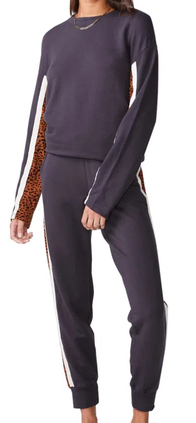 Monrow Paneled Mini Leopard Sweatpants In Faded Black In Purple