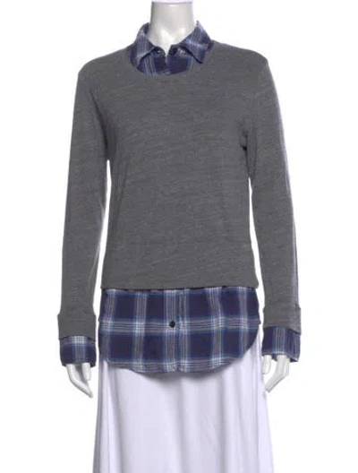 Pre-owned Monrow Plaid Print Crew Neck Top In Gray