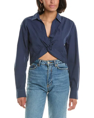 Monrow Poplin Twist Front Shirt In Blue