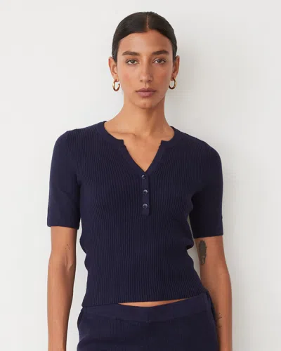 Monrow Softknit Rib Waffle Henley In Dark Navy