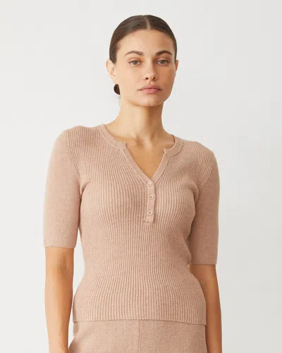 Monrow Softknit Rib Waffle Henley In Taupe