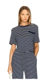 Monrow Stripe Crop Pocket Tee In Navy Stripe