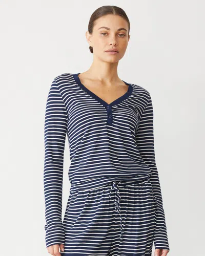 Monrow Stripe Henley In Navy Stripe