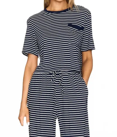 Monrow Stripe Jersey Crop Pocket Tee In Navy Stripe In Blue