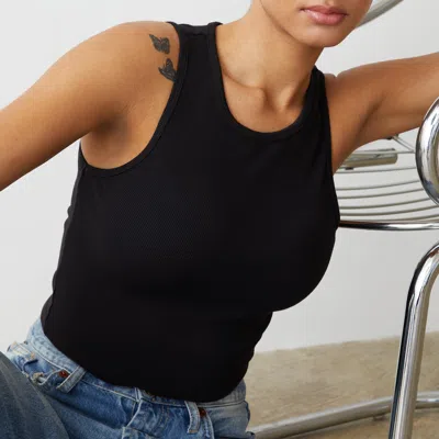 Monrow Supimaluxe Rib Crop High Neck Tank In Black