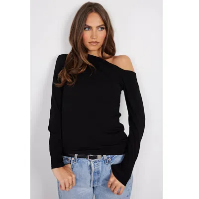Monrow Tee Women's Black Cotton Off-the-shoulder Long Sleeve Jdm2671