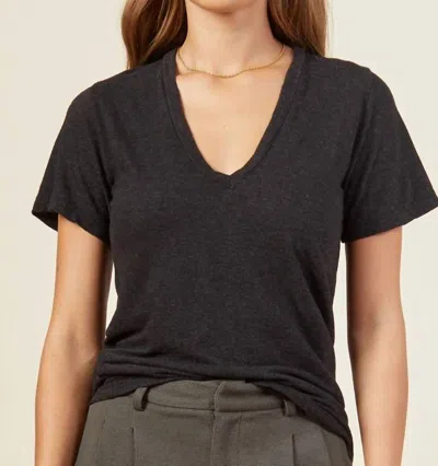 Monrow Textured Tri-blend Fitted V Neck Tee In Black