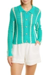 Monrow Vertical Stripe Organic Cotton Crochet Cardigan In Peacock Green/buttercream