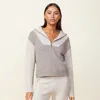 Monrow Wool Cashmere Marled Colorblock Half Zip Sweater In Granola/ Oatmeal