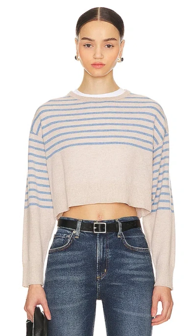 Monrow Wool Cashmere Stripe Crew Neck Jumper In Oatmeal & Light Blue