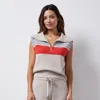Monrow Wool Cashmere Stripe Half Zip Vest In Oatmeal/ Light Blue