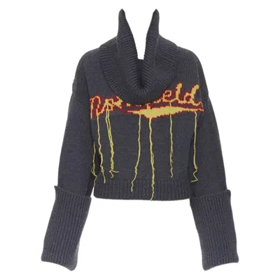 Pre-owned Monse 100% Wool Monsfield Fringe Intarsia Knit Oversized Cropped Sweater S In Black