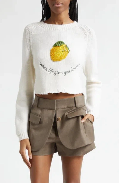 Monse Back Lacing Beaded Crop Extrafine Merino Wool Sweater In White