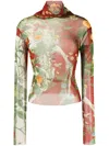 Monse Botanical-print Mesh T-shirt In Red