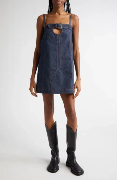 Monse Boxy Belted Cutout Denim Shift Dress In Indigo