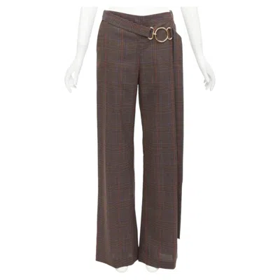 Pre-owned Monse Brown Virgin Wool Checkered Long Gold Belt Wide Leg Pants Us2 S