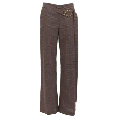 Pre-owned Monse Brown Virgin Wool Checkered Long Gold Belt Wide Leg Pants Us2 S