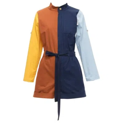 Pre-owned Monse Brown Yellow Navy Colorblocked Belted Long Sleeve Romper Us0 Xs