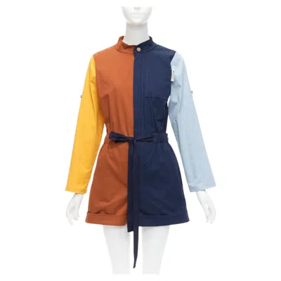 Pre-owned Monse Brown Yellow Navy Colorblocked Belted Long Sleeve Romper Us0 Xs